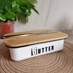 Vaisselle écologique en porcelaine émaillée métal acier plat à beurre couvercle en bambou beau conteneur usage domestique professionnel - Product Image 3