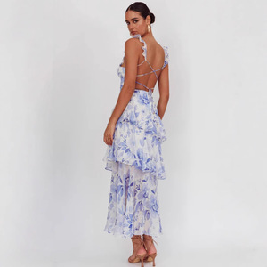 Vestido de Cóctel para Mujer, Estampado Floral, Cintura Imperio, Cuello Cuadrado, Vestido Midi Plisado de Varias Capas, Transpirable, a la Moda, para Primavera - Product Image 2