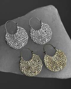 Moon textured circular <b>brass</b> hoop earring, rounded statement vintage bohemian women earring <b>jewellery</b>. - Product Image 1