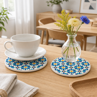 Sous-verre en céramique rond de 10,8 cm, motif carreaux floraux turquoise et jaunes, impression UV émaillée, base en liège, pour décoration de table basse, cadeau