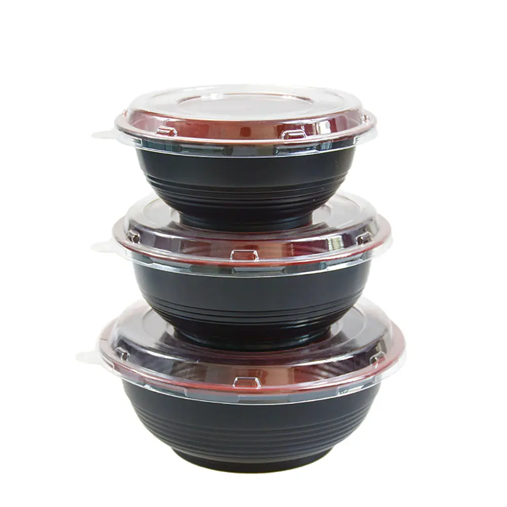 Qualité Noir Rouge Jetable En Plastique Alimentaire Récipient Soupe Salade Nouilles Micro-ondes Poke Soupe Bol Avec OPS Couvercle