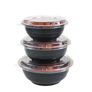 Qualidade Preto Vermelho Descartável Recipiente De Alimento De Plástico Sopa Salada De Macarrão Microondas Poke Soup Bowl Com Tampa OPS