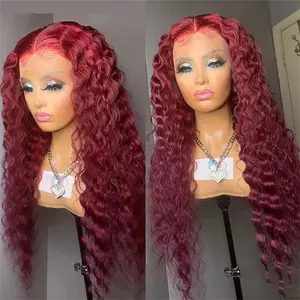 99J Burgundy 30 Inch Long Curly HD Lace Front Wig 13*4 Deep Wave Human Hair Wig Frontal Lace 4*4 Closure