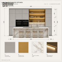 Meubles de cuisine modernes de luxe BEIMEI, gris nacré, or safran, étagères ouvertes, îlot en marbre Statuario, menuiserie de villa