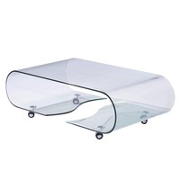 Table basse moderne en verre transparent de style nordique avec design en verre courbé, cadre en métal, roulettes, personnalisable pour salon et usage domestique