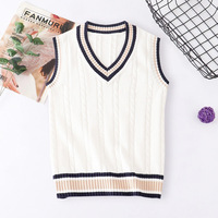 Gilet pull sans manches épais à rayures col en V style preppy unisexe anti-boulochage pour uniforme scolaire - Nouvelle collection printemps