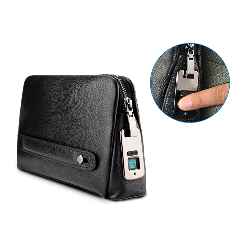 Fingerprint Lock Genuine Leather Anti Theft Business Man Zipper Bags Clutch Purse Waterproof Leather Fashion Hand bags Man