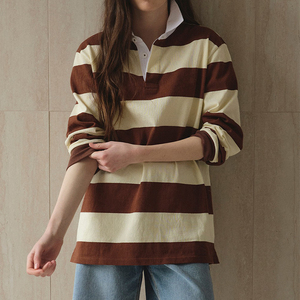 Sweat-<span class=keywords><strong>shirt</strong></span> polo décontracté pour <span class=keywords><strong>femme</strong></span> avec col à revers, épaules tombantes, rayures et manches longues surdimensionnées - Product Image 2