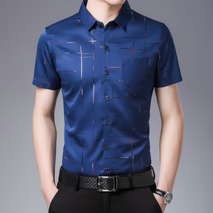 Nuova camicia estiva a maniche corte da uomo camicia da uomo di mezza età in seta di ghiaccio Non stirante con bavero a quadri abbigliamento estivo Casual stile sottile - Product Image 3
