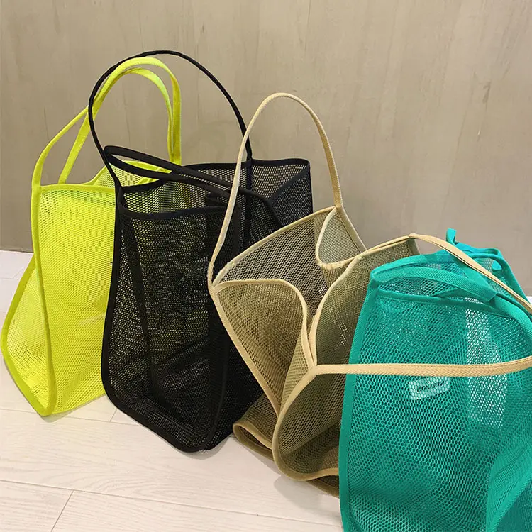 Ngoài Trời Durable Lưu Trữ Bãi Biển Carry Bag Lớn Polyester Lưới Mua Sắm Tote Bag Nylon Lưới Bãi Biển Bag Với Pocket