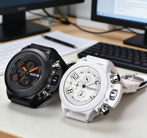 Montre de sport <span class=keywords><strong>MEGIR</strong></span> <span class=keywords><strong>2002</strong></span> G noire et blanche, grand boîtier, bracelet en cuir, acier inoxydable, silicone, pour le sport, la course et le business - Product Image 2