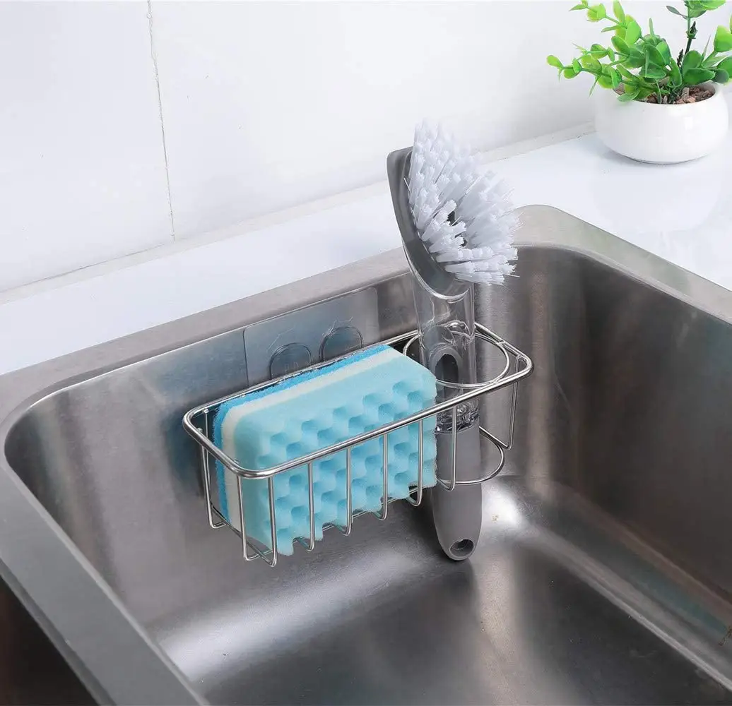 Adhesive Sponge Holder Brush Holder, 2 in 1 Sink Caddy, SUS304 Stainless Steel Rust Proof Water Proof