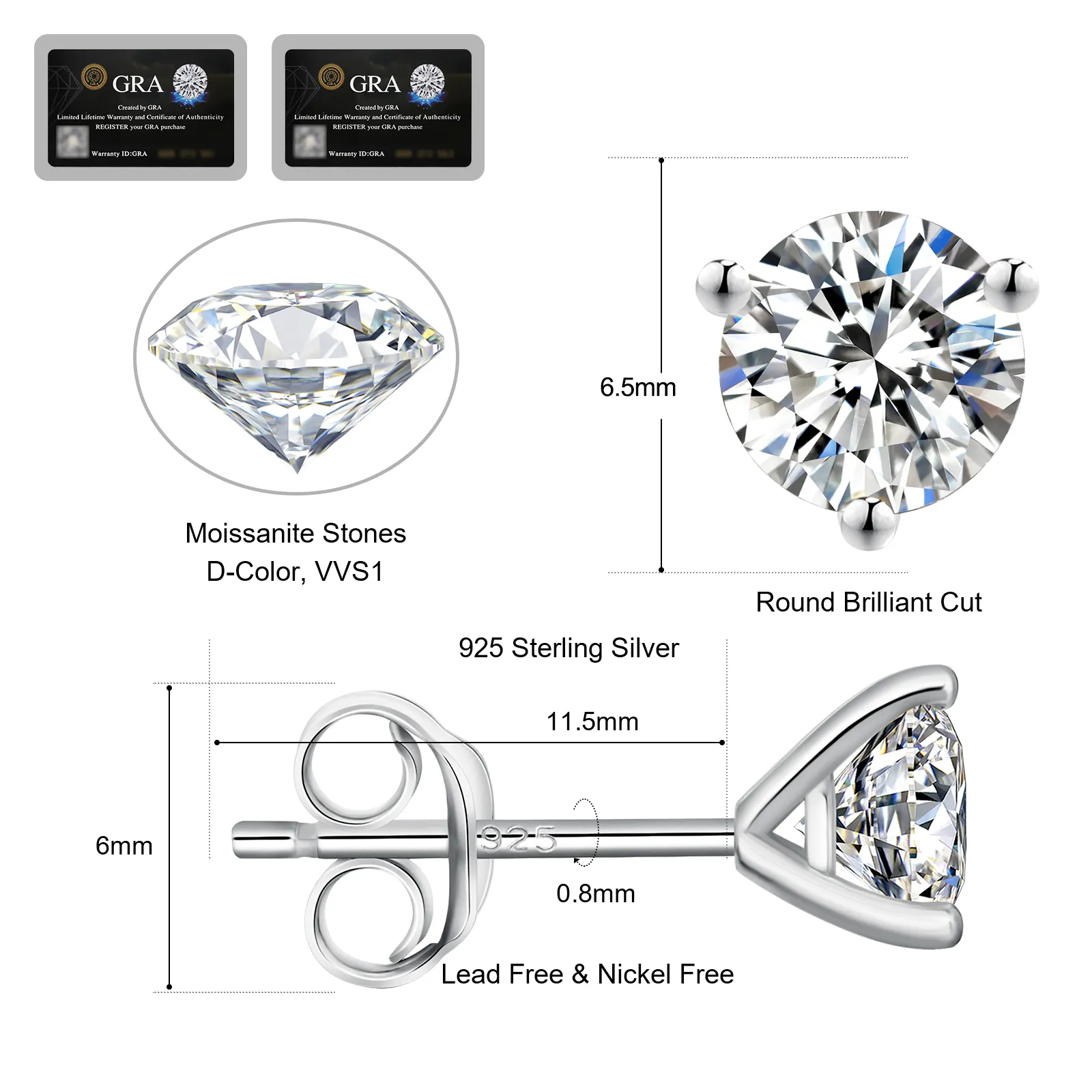 KRKC 도매 VVS1 0.5ct0.6ct0.8ct1.0ct925 스털링 실버 다이아몬드 남성 귀걸이 모이사나이트 웨딩 스터드 신부를 위한 귀걸이