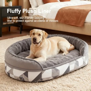 Lit pour chien en peluche moelleuse, ovale, gris et marron clair, lit pour animaux de compagnie quatre saisons avec doublure amovible pour un sommeil confortable - Product Image 5