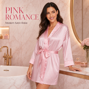 Al por mayor: Bata de satén rosa a rayas para mujer, tipo seda de poliéster, camisón corto, ropa de descanso, OEM ODM personalizado - Product Image 1