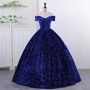 Off The Shoulder Sequined Ball Gown Evening Dress Navy Blue Empire Waistline Long Formal Dress For Stage Performance Art Exam - Product Image 1