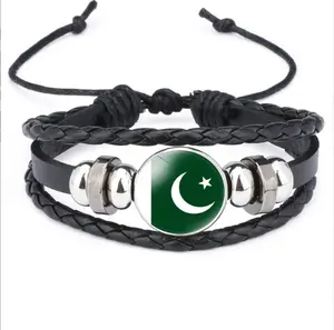 Aziatische Nationale Vlaggen, Pakistan Vlag Koeienhuid Armbanden, Zwarte Handgemaakte Geweven Armbanden