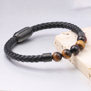 Tiger Eye Leather <b>Bracelet</b> 6mm Beaded Woven Magnetic Bangle Unisex Gift Jewelry - Product Image 2