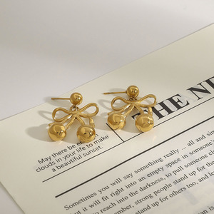 Pendientes con Colgante de Cereza y Lazo, Oro de 18k, Acero Inoxidable, Joyería para Uso Diario de Mujer - Product Image 2