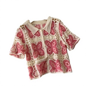 Blusas de punto casuales de verano para mujer, de manga corta ancha, holgadas, con logo frontal hueco, transpirables, de acrílico, color liso - Product Image 2