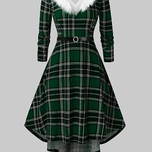 Robe de Noël à carreaux pour femme, col en V, manches longues, avec col en fourrure, longueur midi, pour les fêtes d'hiver et les loisirs - Product Image 2