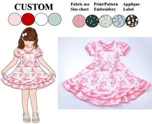 Vestito Estivo per Bambine con Stampa Toile De Jouy Rosa, Abito a Maniche Corte per Feste, Compleanni e Servizi Fotografici - Product Image 1