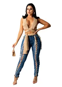 Celana Jeans Wanita Ketat Mengangkat Bokong Super Elastis, Celana Denim Pensil Kancing Warna Biru dengan Tali