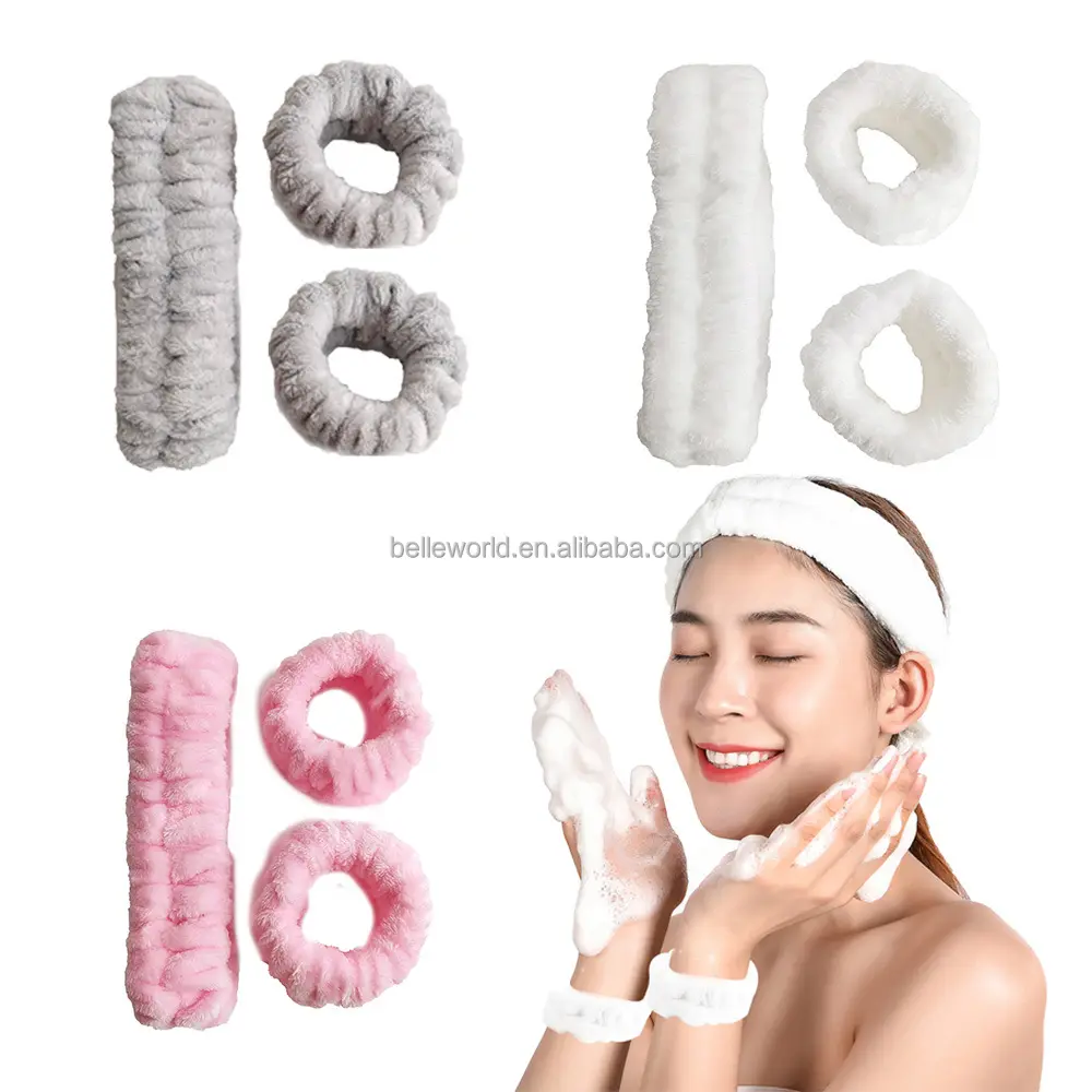 BELLEWORLD factory flannel comfortable soft furry elastic head bands hot sale wash face spa headband and wrist band set