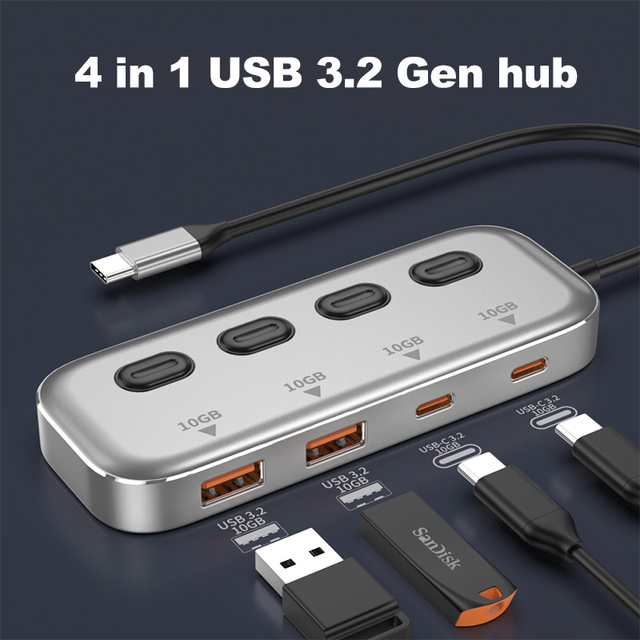 Xput 4-in-1 USB C Hub 10Gbps High Speed Data Transfer, 2 USB-C 3.2 + 2 USB-A 3.2 Multiport Splitter Adapter for Laptops