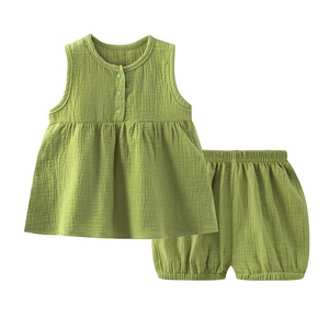 Nuovo Stile Set Pigiama Due Pezzi per <span class=keywords><strong>Bambina</strong></span> in Cotone a Doppio Strato, Gonna e Top in Garza, Tinta Unita, Comodo, con Apertura Frontale e <span class=keywords><strong>Pantaloncini</strong></span> - Product Image 5