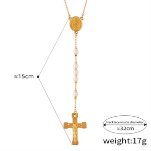 Collar de cadena con cuentas retro, chapado en oro, de acero inoxidable, con colgante ovalado de la Virgen María y cruz, tipo rosario, para mujeres y hombres - Product Image 5