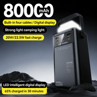 Batterie externe de grande capacité pour l'extérieur, 80000 mAh, avec 4 câbles intégrés, chargeur portable 20W/22.5W, lumière LED, batterie externe