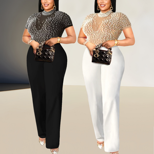 Am221118 Combinaison perlée à manches courtes et col rond Elégant Ladies High Waist Slim Party Wide Leg Pants Romper Playsuit - Product Image 1
