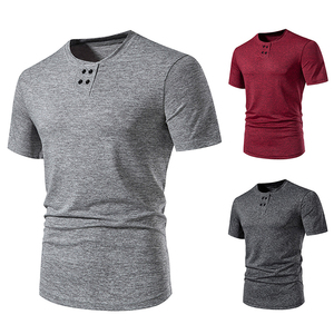 T-shirt décontracté pour homme, été, basique, uni, boutonné, manches courtes, col rond, extensible, coupe ajustée, anti-froissement, pour la salle de sport, l'entraînement, le sport - Product Image 1