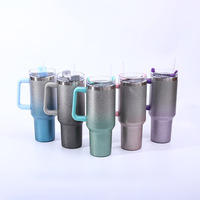 Vaso térmico de acero inoxidable 304 de 40 oz con efecto ombré y purpurina, con asa, tapa y pajita, para viaje, con logotipo personalizado, al por mayor