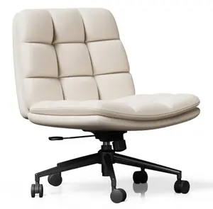 Silla de escritorio de oficina sin brazos con ruedas: silla ancha con patas cruzadas de cuero PU, cómodas sillas giratorias ajustables para tareas informáticas para
