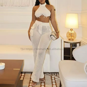 Chic Design Halter Sexy Crop Tops See Through <b>Mesh</b> <b>Pants</b> Summer Club Party Women Sets Fashion - Product Image 1