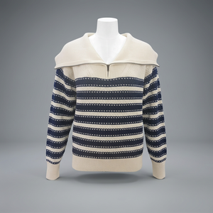 เสื้อสเวตเตอร์ผู้หญิงลายทางสไตล์กะลาสี คอปกซิป แขนยาว ถักจากอะคริลิก เหมาะสำหรับใส่ในฤดูหนาว - Product Image 1