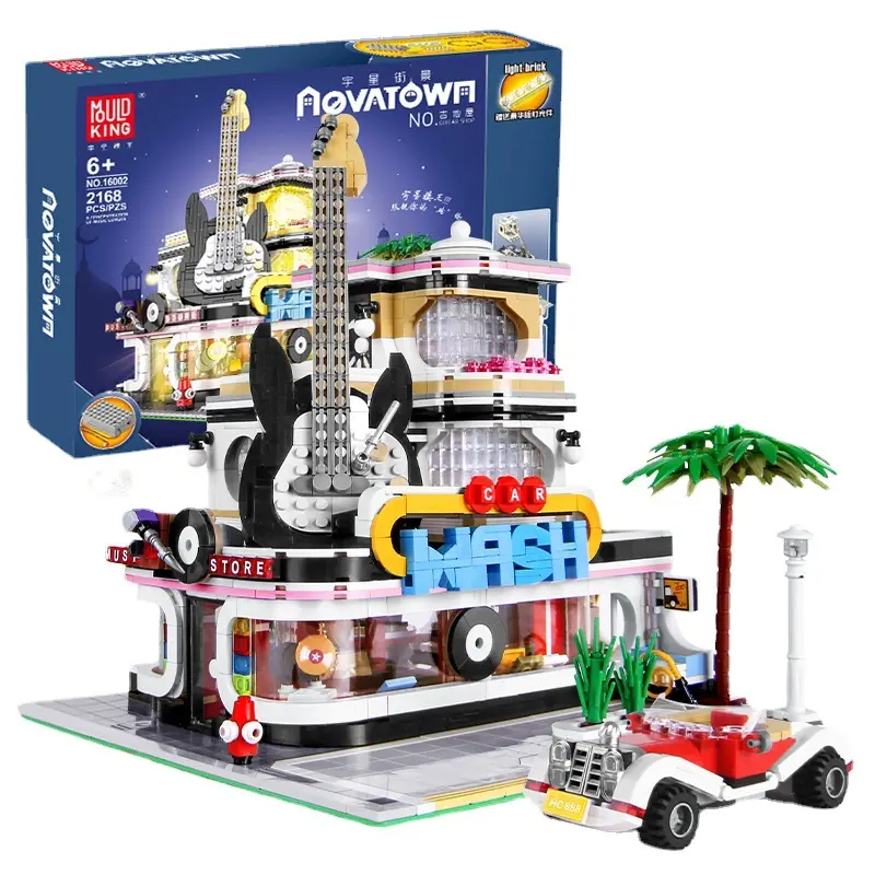 Mold King 16002 Street View Moc Bausteine Gitarren haus Modell mit Licht montage Ecke Rathaus Block Set Spielzeug für Kinder