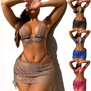 Factory Price Bikini Set Swim Brief Beachwear Sexy Breathable Thong Swimwear with mesh cover up 3 Piece Swimsuit Women