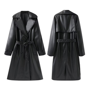 Kadın siyah PU deri trençkot-yaka, kemerli, uzun uzunluk, çift göğüslü, gevşek rahat palto - Product Image 1