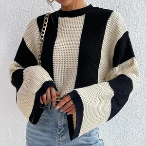 Wholesale FNJIA Women's Knitwear Pattern Striped Long Sleeve Casual Crew Neck Collar Pullover Knitted ladies Jumper Blouse Top