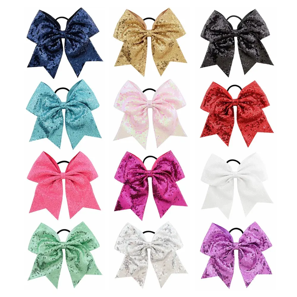 YT 8 Inch New Colorful Girls Ribbon Glitter Cheer Bow Hair Accessories Elastic Hair Band Large Cheer Leading Hair Tie Bow