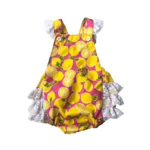 Pakaian Bayi Perempuan Musim Panas 24 Bulan Pakaian Desain Cetak Lemon Gadis Kecil Imut Pakaian Balita Ruffle Renda Romper Gelembung