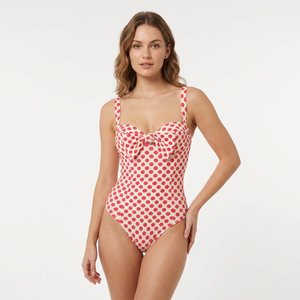 Women Pink Polka Dot One Piece Swimsuit Sweetheart Neck Front Bow Knot <b>Tummy</b> <b>Control</b> Retro Monokini Beach Bathing Suit Wholesale - Product Image 1