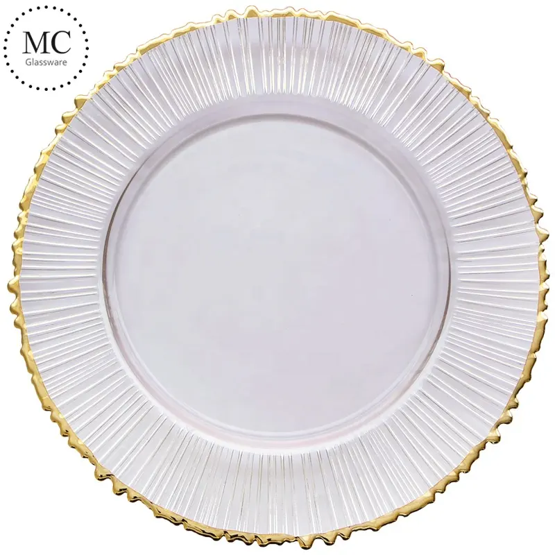 13" Charger Plate Premium Quality Gold Rimmed Tableware Clear glass Charger Plates with Gold Wavy Rim