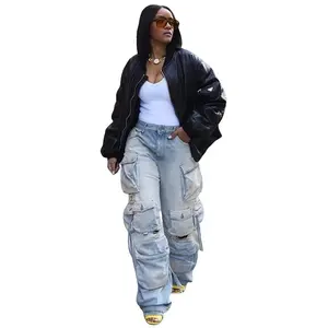 Fashion Fancy High Street Multi-Pocket Heavy Wash Casual Wide Leg Workwear Ripped Womens Cargo Jeans