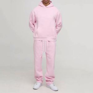 Pastel Pink Hoodie Sweatpants Kangaroo Pocket Custom Dye Men Two Piece <b>Tracksuit</b> - Product Image 1
