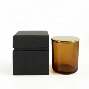 نذري 12OZ رسمت الحديثة العنبر اللون الدينية جولة وعاء شمعة زجاجي مع غطاء المطبوعة صندوق هدية مربع مربع