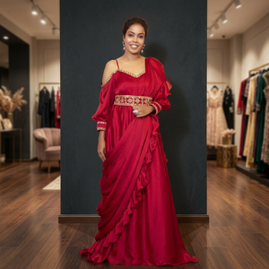Elegante Vestido Rojo de Crepé con Hombros Descubiertos, Largo hasta el Suelo, con Bordado y Dobladillo con Volantes, Silueta Ajustada para Adultos - Product Image 5